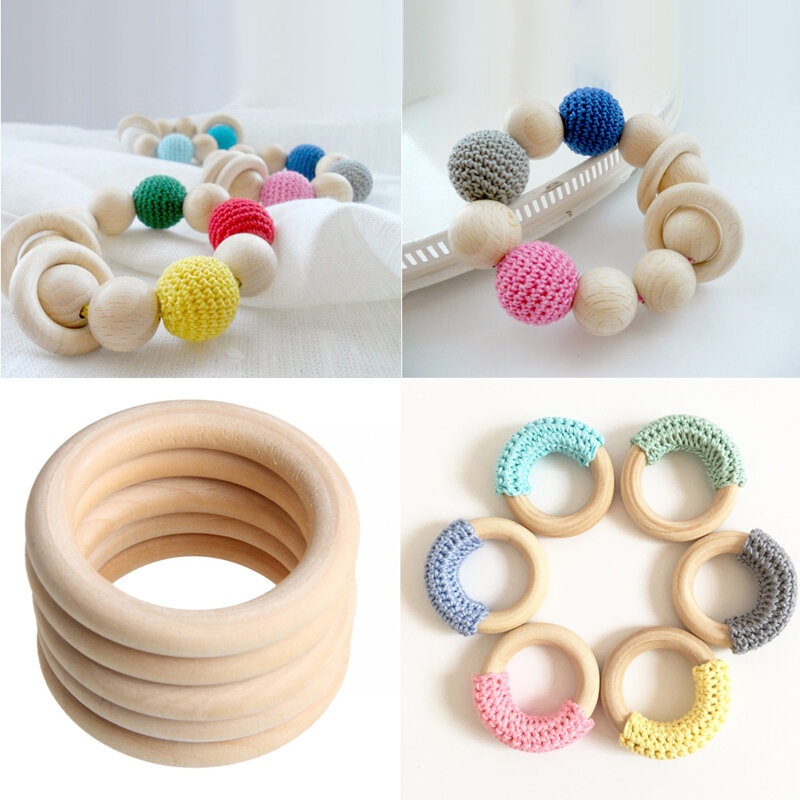 10pcs/set Wooden Baby Rattles Teething Rings Wooden Bracelet Necklace DIY Crafts Rattles Toys for Children Kids Newborn Toys