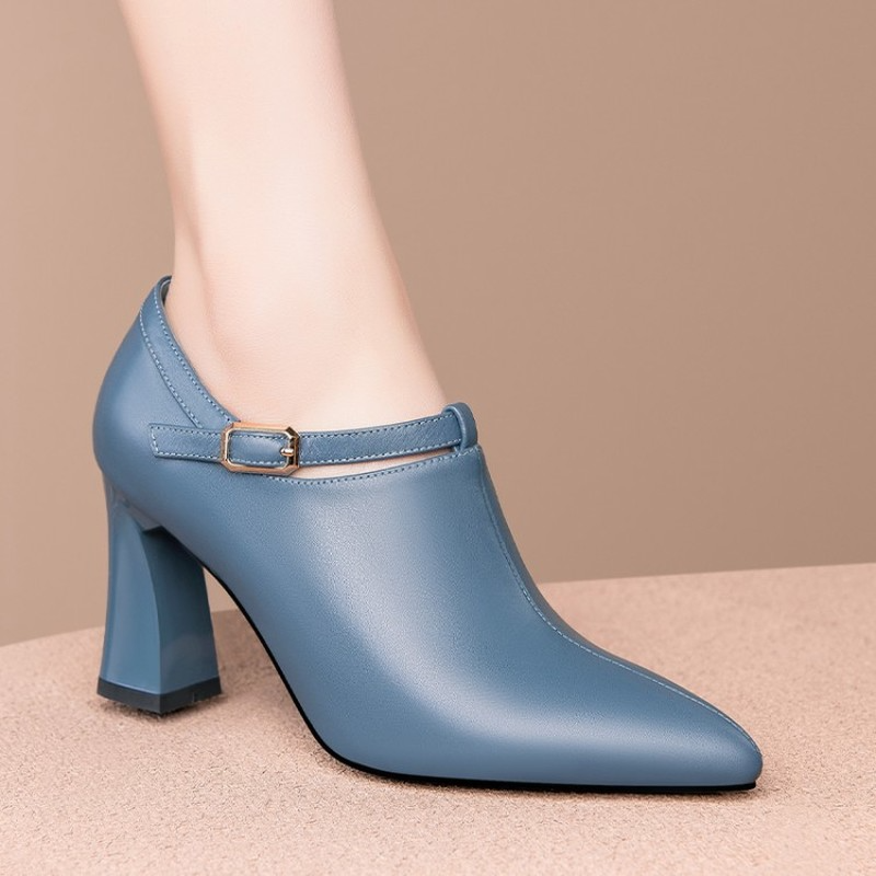 European and American Full Leather New Women's Shoes New Fashion Versatile Thick Heel Pointed Single Shoes Thin High Heels