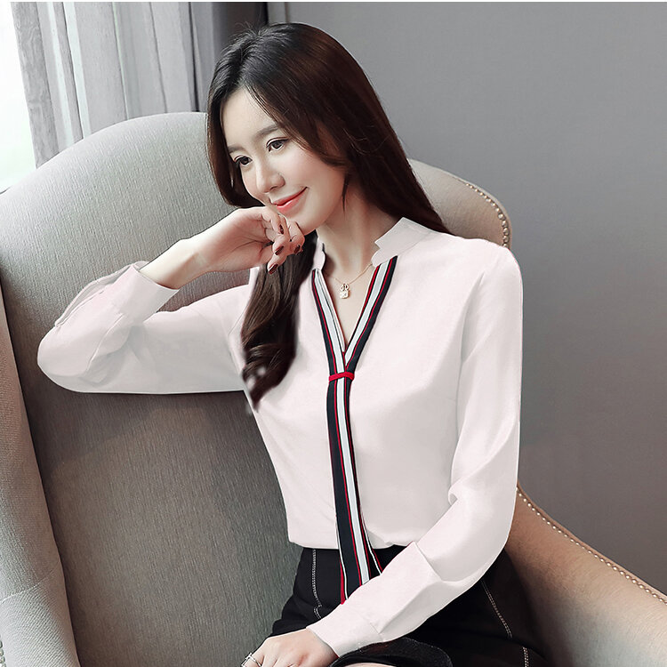 Long Sleeve Blusa Women Blouse Office Chiffon Shirt Lace Up V-neck Fashion All Match Ladies Tops Camisas De Mujer Clothes 800B