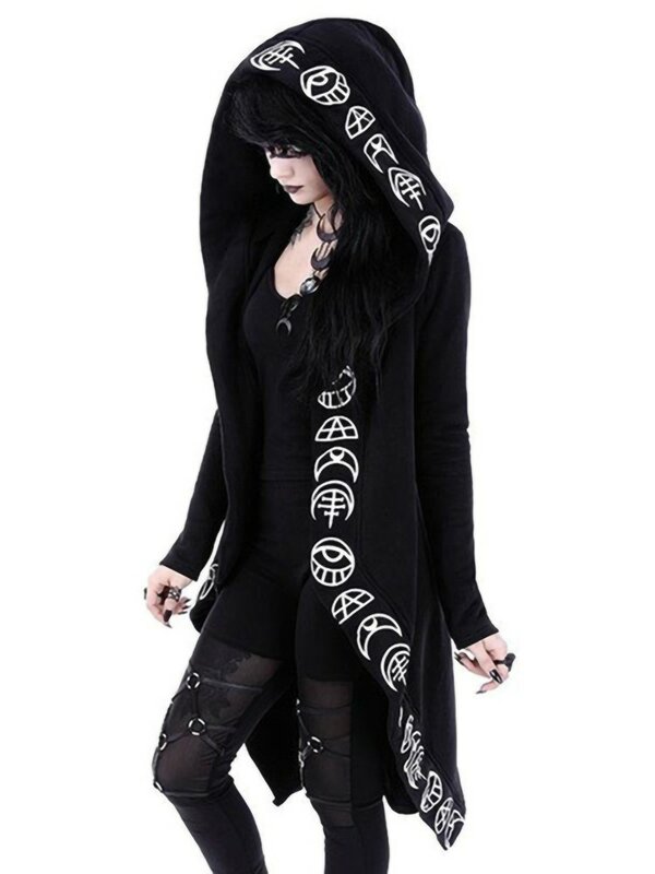 Gothic Punk Black Long Women Hoodies Sweatshirts 2023 Halloween Moon Print Long Sleeve Hoodie Women Loose Coat Hooded Sweatshirt