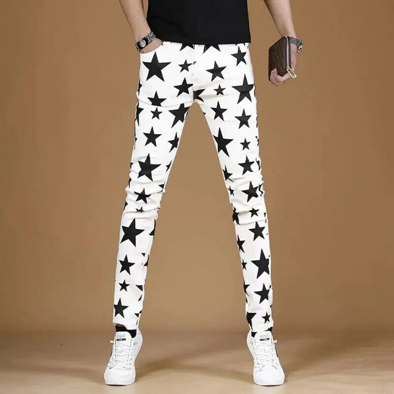 Pantalones vaqueros con estampado de estrellas para hombre, Jeans ajustados, elásticos, pitillo, informales, de calle, Vintage