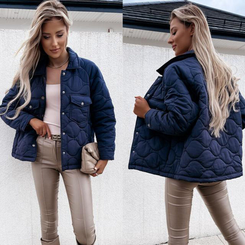 따뜻한 포켓 누비 재킷 솔리드 컬러 라펠 패션 파카 롱 슬리브 캐주얼 버튼 레이디 코트 여성용, 2022 겨울
