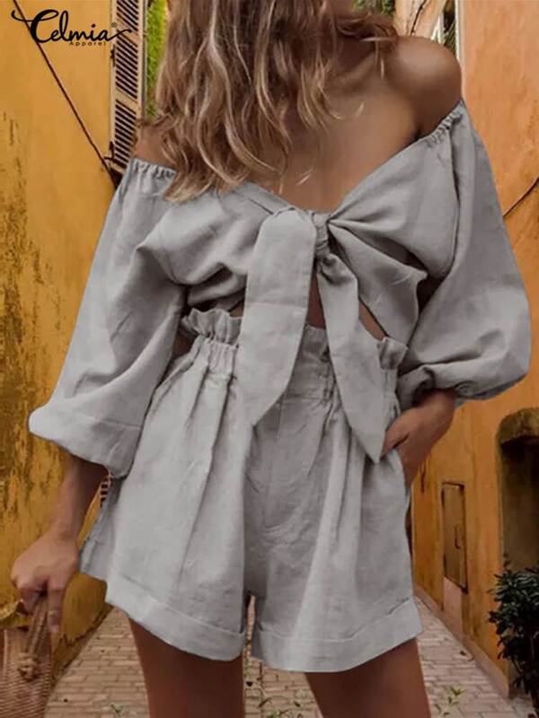 2022 Casual Loose Cotton Suits Celmia Summer Women 2 Pieces Sets Sexy Off Shoulder 3/4 Sleeve Crop Tops And Short Pants Sets