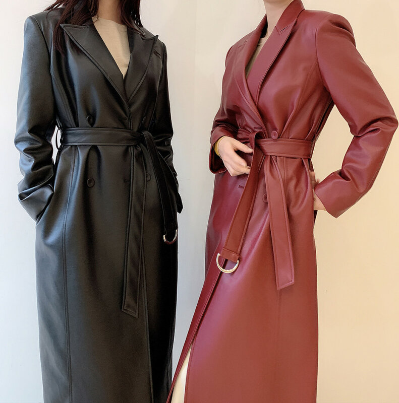 Primavera longo couro trench coat para mulher 2021 manga longa cinto estilo britânico duplo breasted simples clássico
