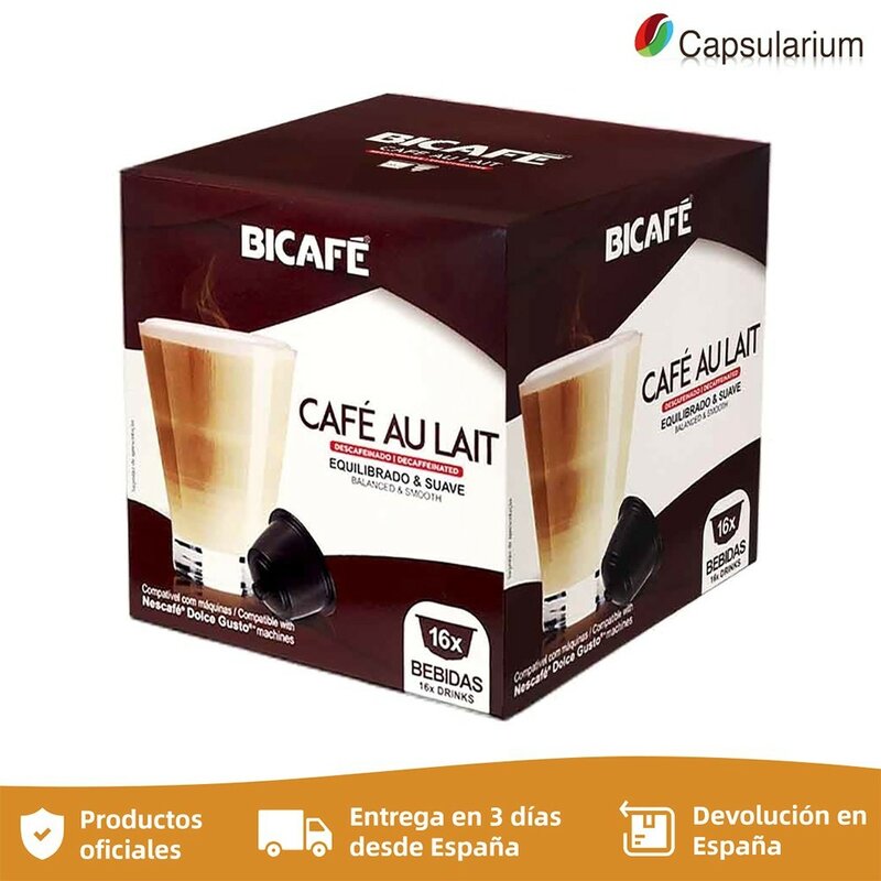 Café con leche descafeinado Bicafé. 16 cápsulas de café molido compatibles con cafetera Nespresso Dolce Gusto - Capsularium