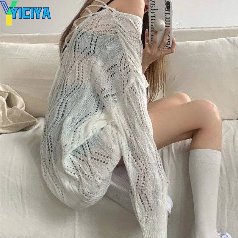 YICIYA-봄 여름 Y2k 구멍 구멍 뚫린 여성 스웨터, 루즈한 한국 패션, 등이없는 스트리트 웨어 캐주얼 상의, 여성 상의