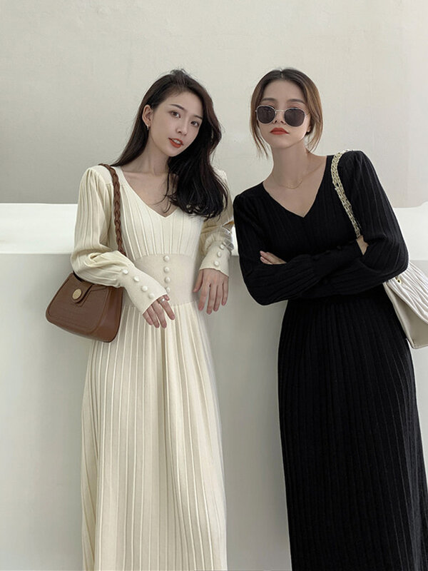 2022 neue Herbst Winter Frauen stricken Kleid Koreanische Weibliche V-ausschnitt Solide Langarm Hohe Taille Midi Kleid pullover A-linie rock