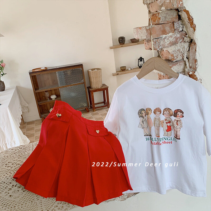 Kids Sets 2022 T-shirts Skirts A-line Above Knee Length Elastic Waist O-neck Collar Short Sleeve Summer Children Girls