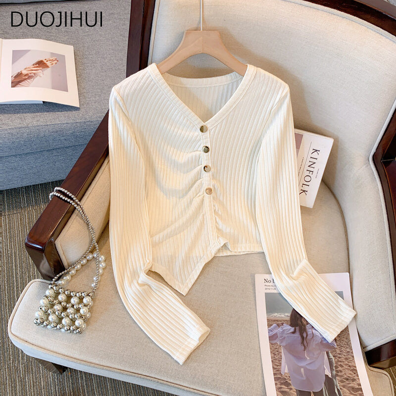 DUOJIHUI Autumn Sweet V-neck Chicly Irregular Female Pullovers New Slim Basic Pure Color Fashion Simple Knitting Women Pullovers