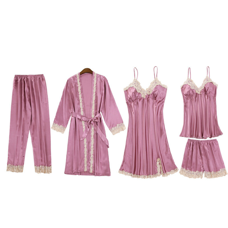Conjunto de pijamas de cinco peças laço robe vestido de noite multi-color xxl primavera/outono manga longa suspender shorts melhor venda homewear