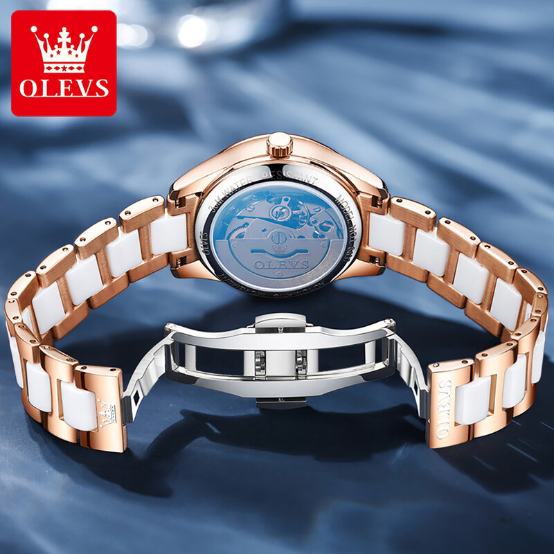 OLEVS-Relojes de pulsera a la moda para mujer, automáticos, de alta calidad, con correa de cerámica mecánica, resistentes al agua