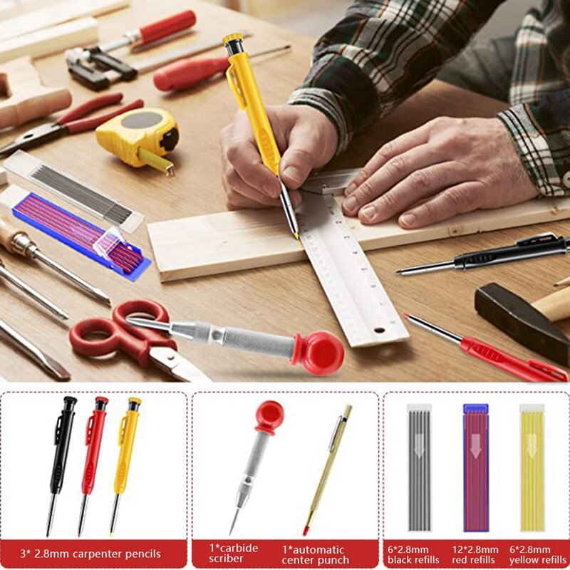 Woodworking Pencil Set With Center Punch And Carbide Marker Solid Deep Hole Marking Pencils For Architect Studio