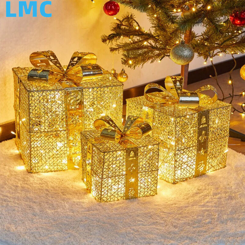 LMC-Caja de regalo de decoración, adornos con luces LED, caja de regalo hueca de hierro luminoso, suministros para Festival, diseño de escena, 3 unids/set Recibir entrega rápida