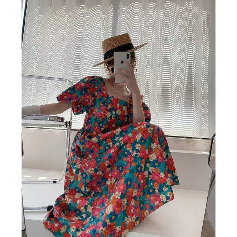 Women's dress summer 2022 new plus size women's fat sister oil painting floral dress first love retro gentle dress