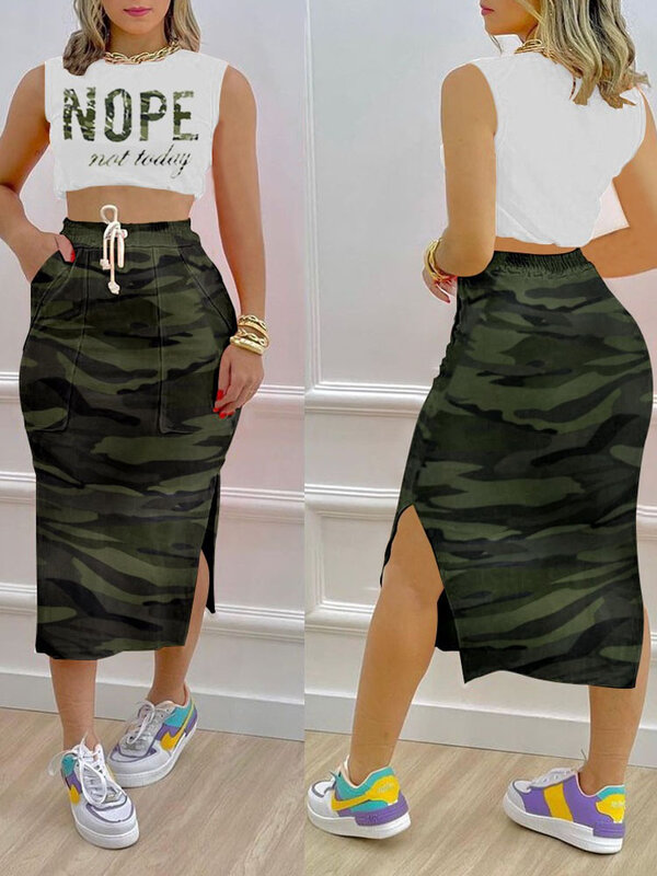 Zomer Mouwloze Tank Vrouwen Set Casual O-Hals Vest Tops En Veterschoenen Skinny Print Slit Rok Outfits Lady Fashion Tweedelig Pak