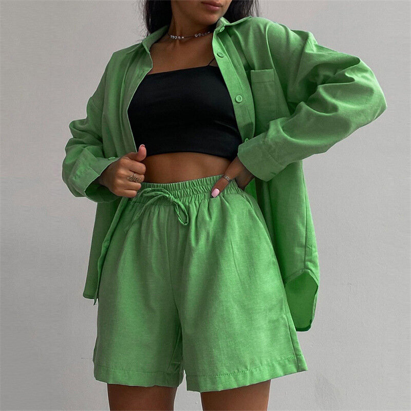 Ensemble deux pièces en coton pour femmes, chemise de bureau à manches longues et short vert, survêtement, tenue décontractée, été, 2022, 21912