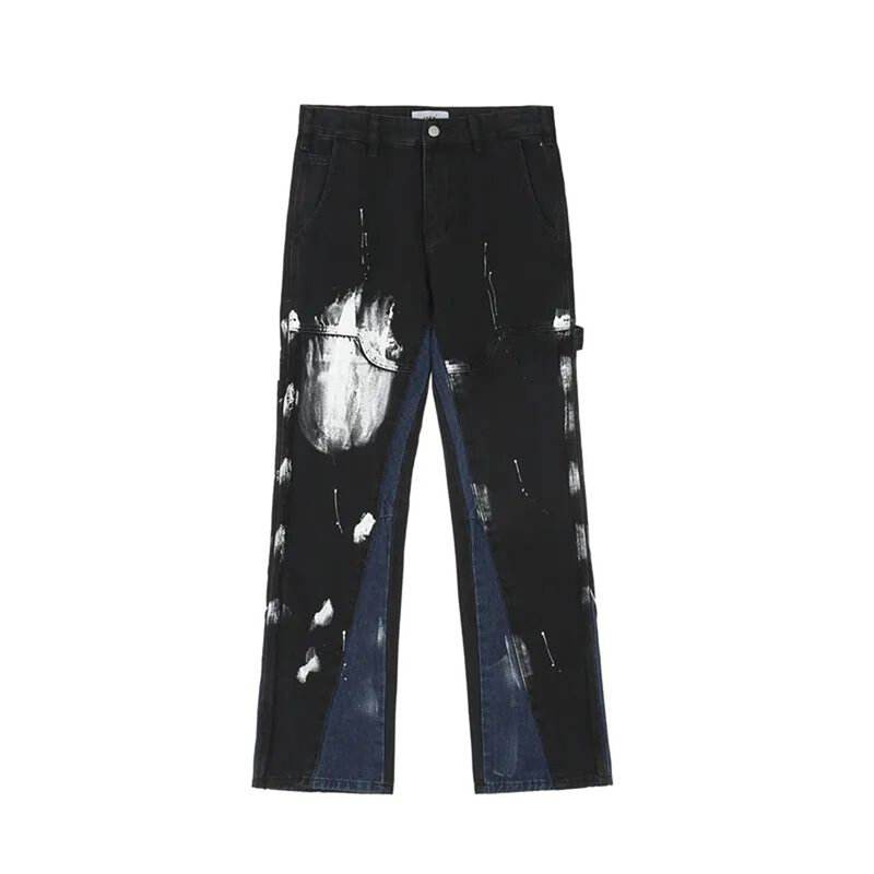 Design Sense Splash Ink Graffiti Jeans High Street Vibe Pants cuciture da uomo Straight Loose Black American Long Pants Tide