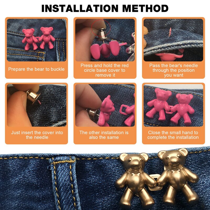 5 pezzi Jeans senza unghie orso fibbia in vita chiusura rimovibile artefatto bottone a pressione invisibile che stringe la cintura pantalone regolabile
