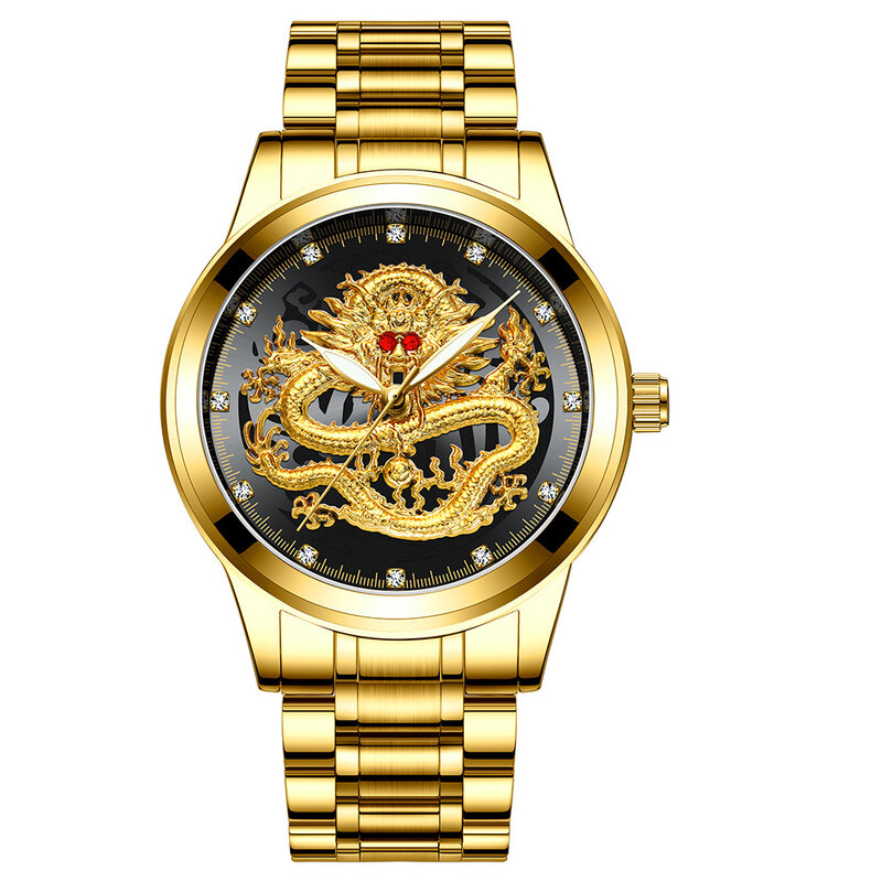 Orologio da uomo impermeabile non meccanico con drago dorato in rilievo orologio al quarzo da lavoro di moda con faccia di drago tempestato di diamanti