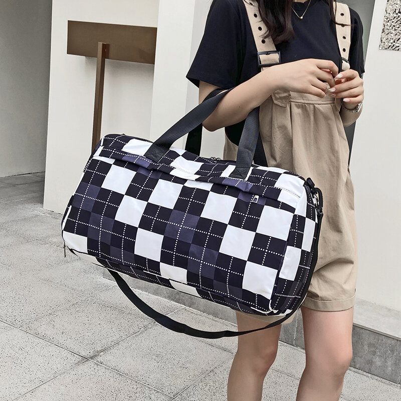 Yilia – sac de voyage sec et humide pour femmes, sac à bandoulière de sport séparé, sac de rangement portable en damier noir et blanc, sac de fitness