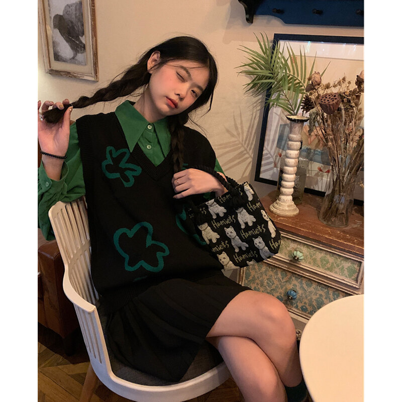 2022 jesienno-zimowa odzież damska dwuczęściowy zestaw koreański luźna w stylu Retro kamizelka z długim rękawem koszula Knitting Gothic sweter pulowerowe topy