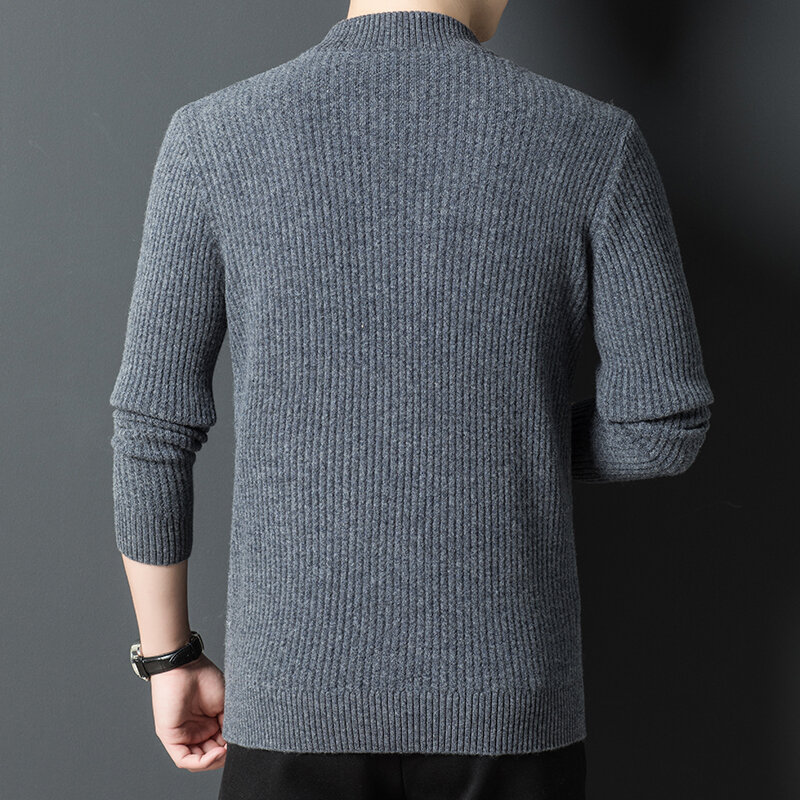 Suéter de lana pura para hombre, cárdigan de cuello levantado, jacquard, coreano, grueso, otoño e invierno, 2021