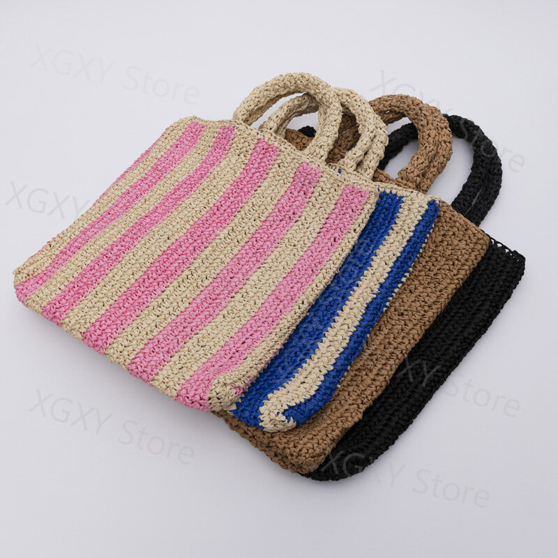 Brand Luxury ​Striped Straw Tote Bag Handmade Woven Women Handbags Braid Summer Beach Shoulder Bags Holiday Shopper Purse 2022