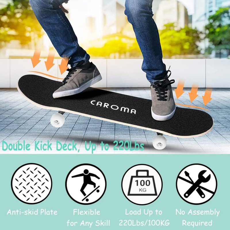 Komplette Skateboard, Skateboards für Mädchen Jungen Anfänger, 9 Schichten Solide Maple Doppel Kick Konkaven Skateboard, standard und Tri