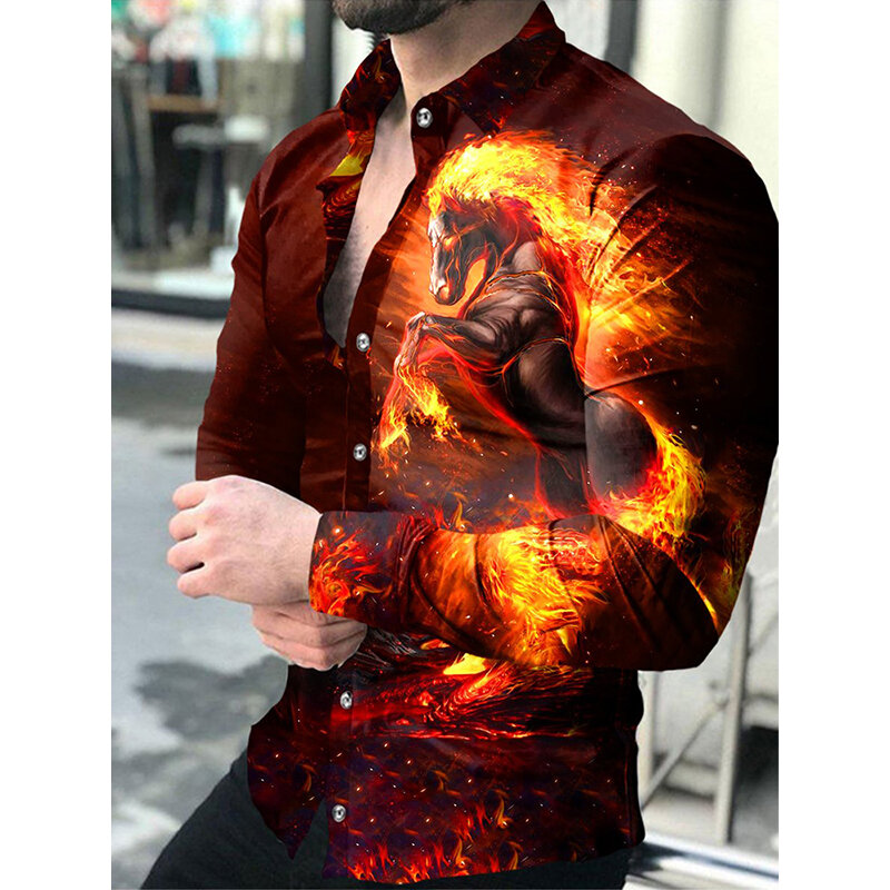 Kemeja Pria Sosial Mewah Kaus Kancing Kerah Turn-Down Kasual Lengan Panjang Gambar Elang Pakaian Pria Kardigan Streetwear