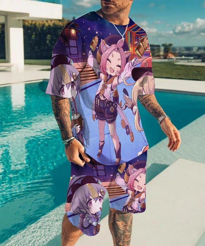 Letni pełny męski garnitur T-Shirt spodenki dwuczęściowy moda Streetwear Activewear Anime 3D drukowany garnitur Casual