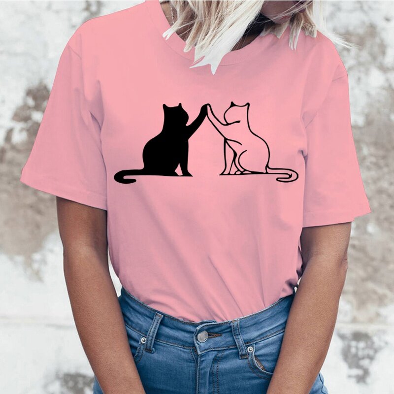 女性のための素敵な猫のTシャツ,女性のためのカジュアルな半袖ラウンドネックTシャツ,女性のファッション