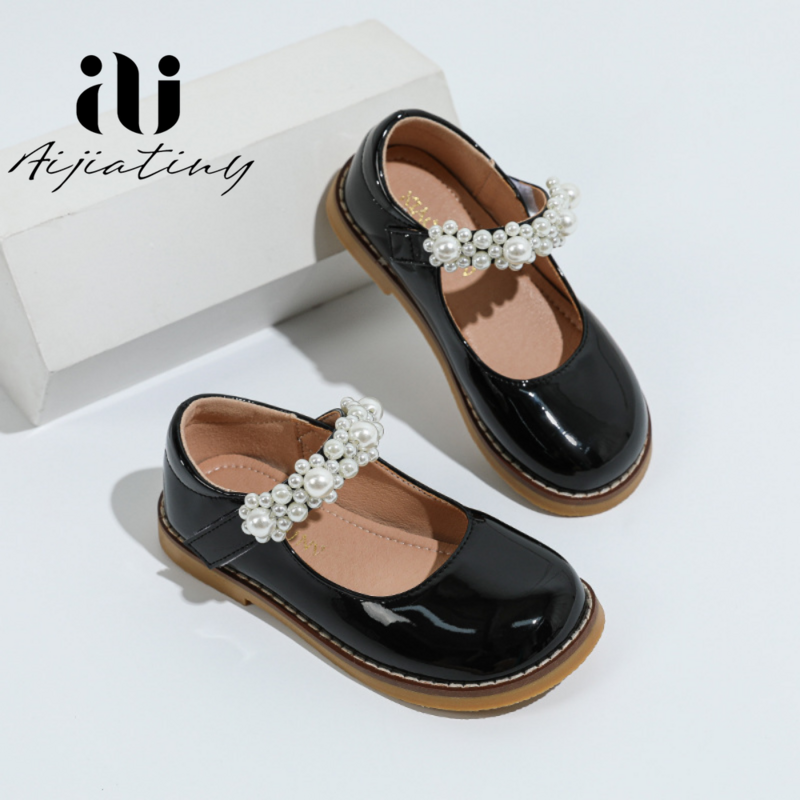Zapatos de cuero para niña, zapatillas planas con lazo y diamantes de imitación, a la moda, para primavera, 2023