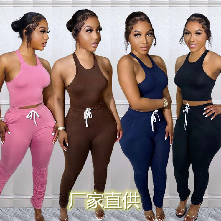 2022 Fashion sexy tight, I-string vest, pencil trouser suit with waist rope, women's summer