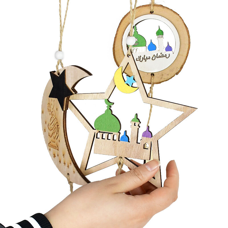 عيد مبارك الخشب نجمة القمر حلية معلقة رمضان كريم الديكور للمنزل رمضان مبارك الإسلام مسلم لوازم الحفلات