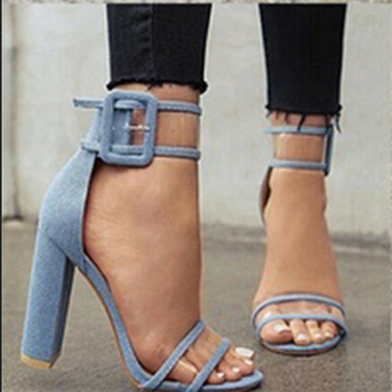  Ladies Bandage Transparent Sexy Summer Party Flock Sandal Shoes 35-42 SizeWomen Ankle Strap High Heel Sandals Shoes