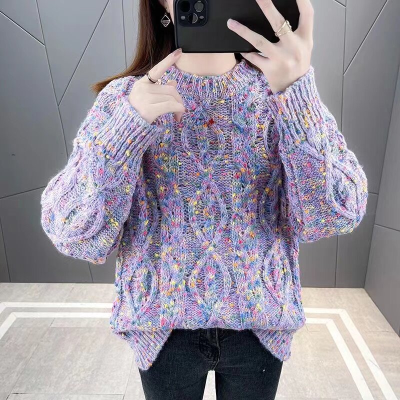 New Oversized Candy Contrast Color Dot Coarse Knitted Sweater Women Long Sleeves O Neck Pullover Sweater Casual Knitted 71FP