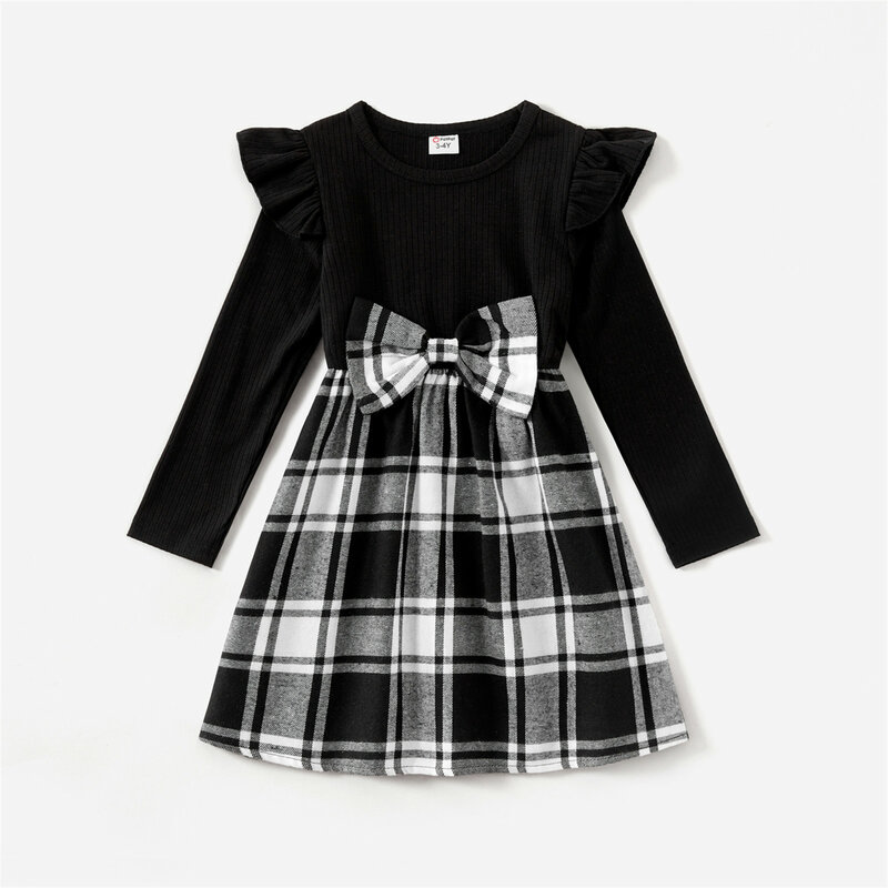 PatPat Family Matching Outfit Long-sleeve Solid Rib Knit Spliced Plaid Dresses and Shirts Family Matching Clothes Sets