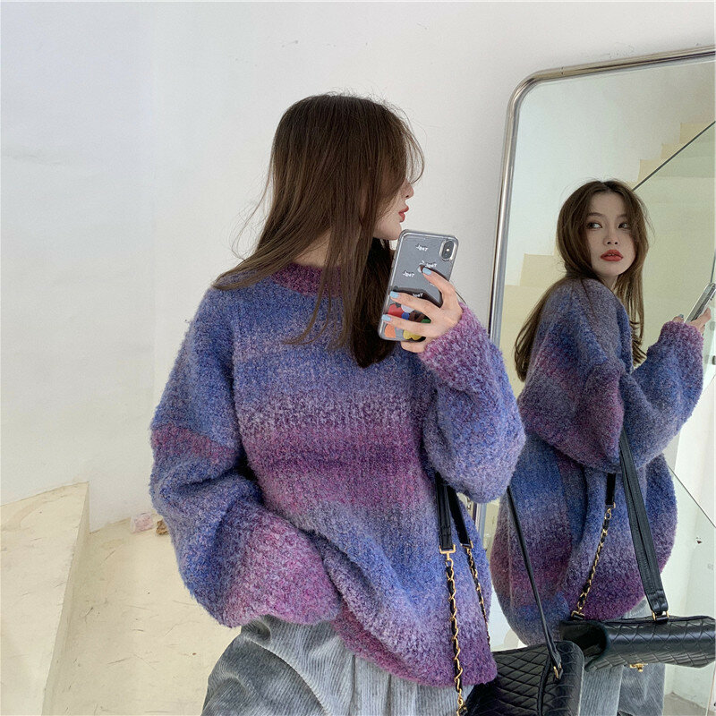 Suéter grueso Retro japonés para mujer, ropa de exterior holgada, tie-dye, color degradado, suéter de punto para invierno