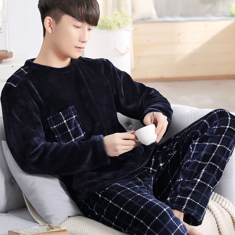 Engrossar pijamas de flanela masculina 2 peças terno moda impressão pena roupas para casa solto macio homewear pijamas inverno quente pijamas