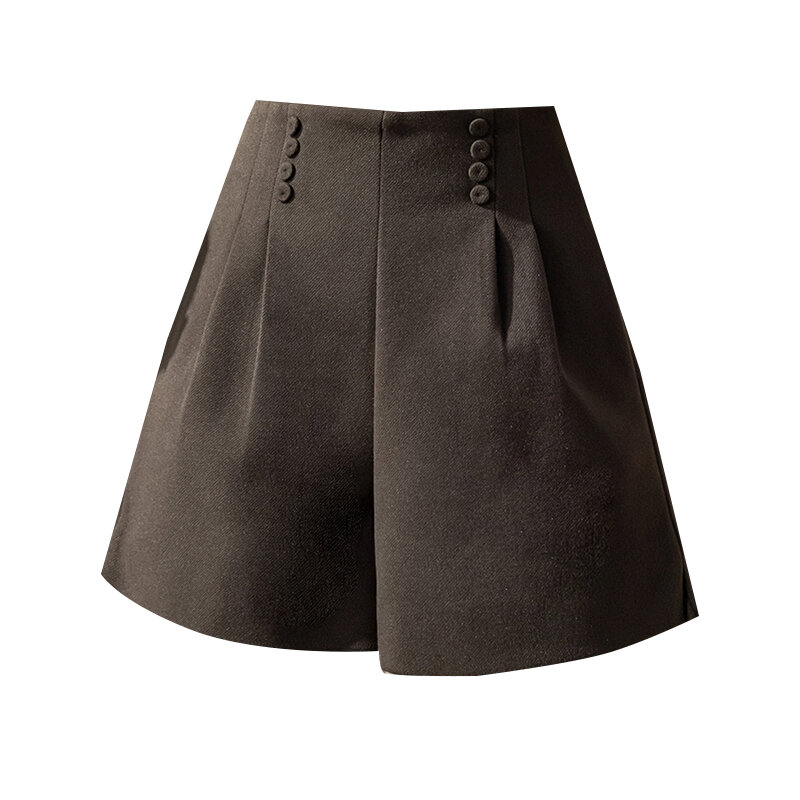 Wisher & Tong-pantalones cortos negros de cintura alta para mujer, pantalón corto de lana elegante, pantalones cortos de pierna ancha para otoño e invierno, novedad de 2022