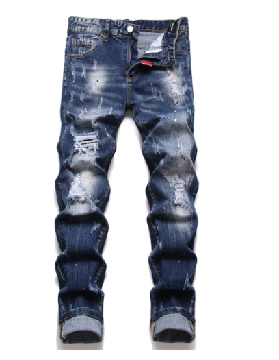 Мужские узкие джинсы, роскошные брендовые джинсы с рельефными синими дырками, качественные мужские Стрейчевые облегающие джинсовые брюки, модные джинсы, мужские рваные джинсы