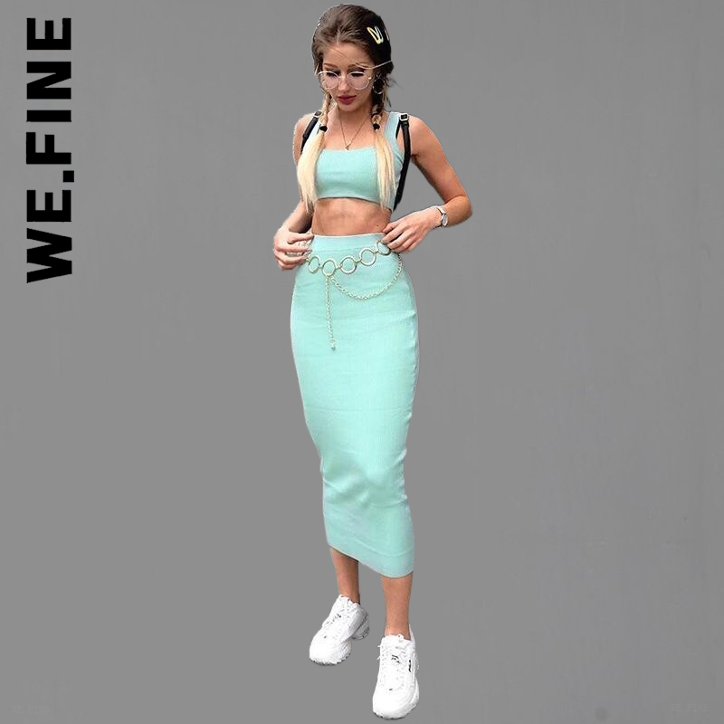 We.Fine Women Fitness Skinny Crop Tank Tops Long Pencil Skirt Soild Color Outfit Suit 2 Piece Summer Clothes Casual 2pc Sets