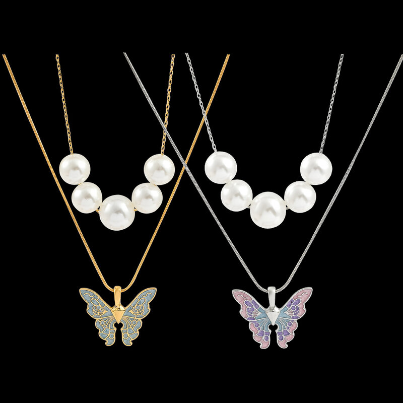 Collier avec pendentif papillon en émail pour femmes, bijou multicouche en Imitation de perle, style Pop thaïlandais, Disney, Barbie, féertopia, Mermaidia