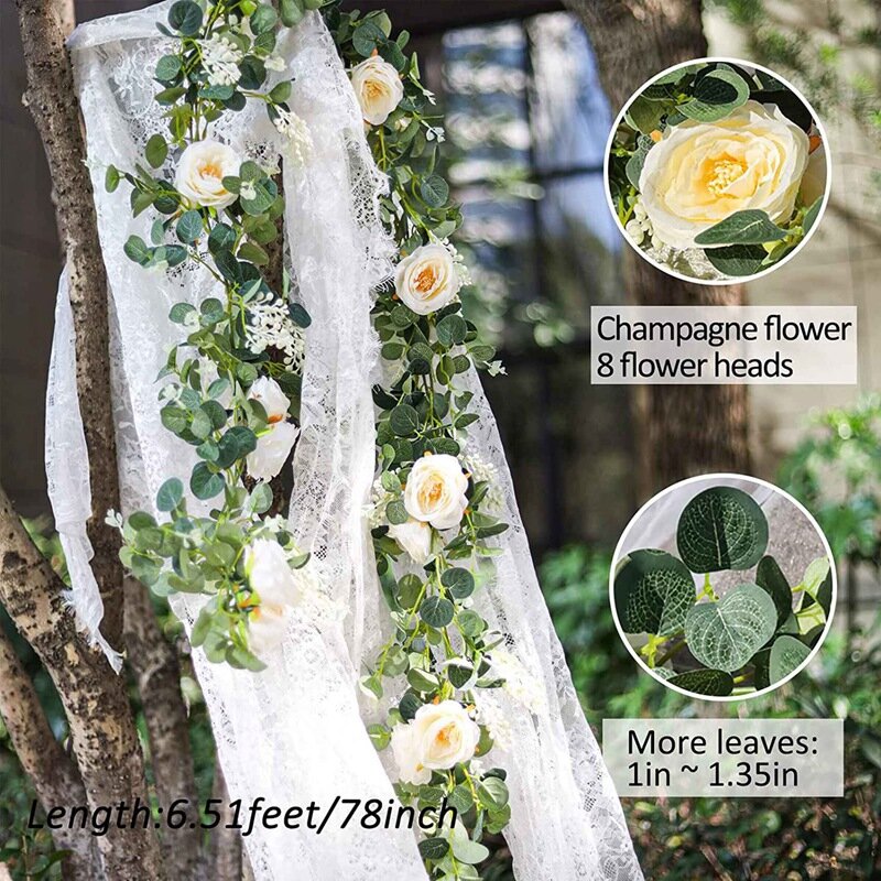 Promotion! 2 Pack Eucalyptus Garland With Champagne Rose, Greenery Garland Bulk Artificial Silk Floral Eucalyptus Leaves Vines