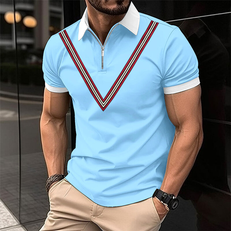 Polo con bordado en V para hombre, camiseta informal de diseño de manga corta, Tops de verano con solapa y cremallera