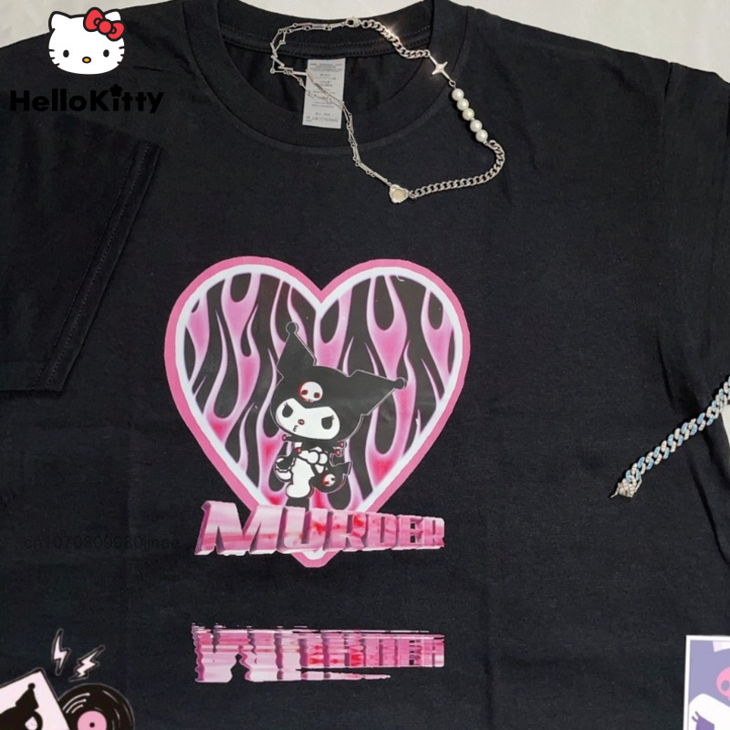 Kuromi 코튼 패션 캐주얼 여름 티셔츠 한국 반팔 루즈핏 스트리트웨어 하라주쿠 스타일 의류 탑스 o넥 Y2k 걸 탑
