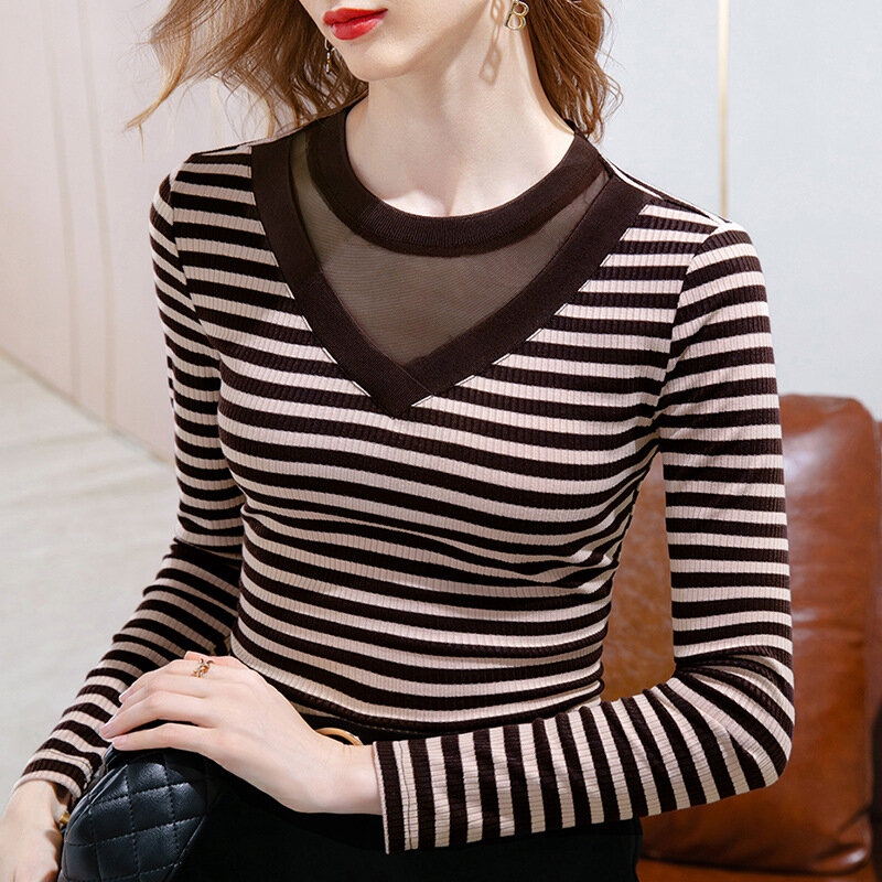 Striped Round Neck T-shirt Bottoming Shirt Women's Spring and Autumn New Long-sleeved Contrast Color Western-style Y2k Tops