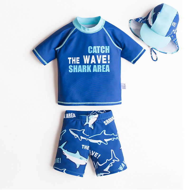 어린이 수영복 무료 태양 보호 모자 2022 새로운 여름 UV 수영복 소년 아기 3 조각 상어 줄무늬 인쇄 귀여운 아이 Beachwear