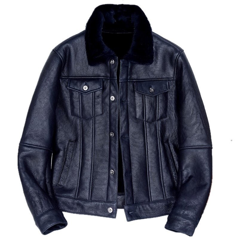 Jaqueta de couro masculina genuína, jaqueta magro quente casual, estilo japonês vintage, jaqueta de motocicleta azul, tamanho grande, 100%