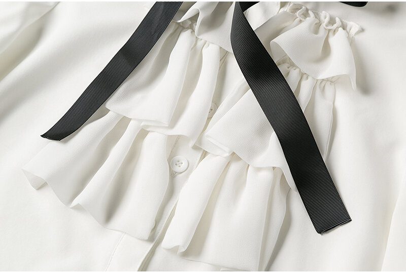 Białe falbany kokarda długie rękawy nowa szyfonowa bluzka damska koszula 2023 nowa, do pracy nosić biuro Blusas Femininas bluzki damskie Camisas 570A